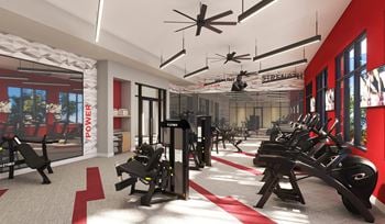 A rendering of a gym with treadmills and other exercise equipment
